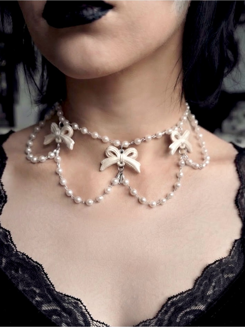 Hand Crafted White Pearl Bow Choker Necklace